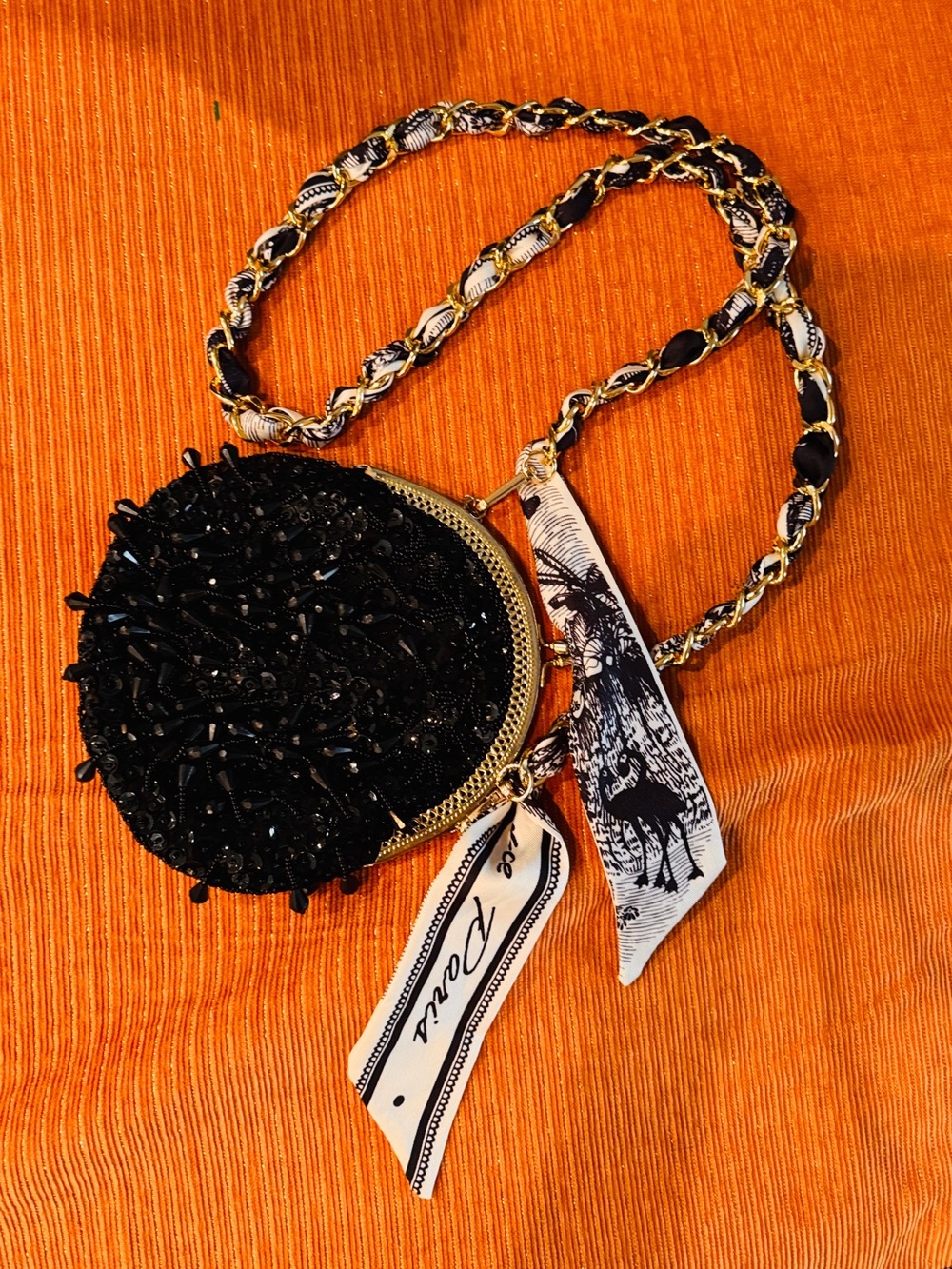 Beaded Black Round Crossbody Bag with Chain Strap
